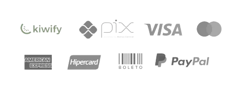 Formas de pagamento: Kiwify, Pix, Visa, Mastercard, American Express, Hipercard, boleto e PayPal